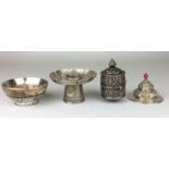 Four Buddhist silver objectsTibet or Mongoliacomprising a silver mounted marble Bowl, a prayer wheel
