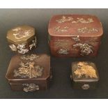 Four small Japanese mixed metal Boxesincluding a velvet lined box, all with raised decoration (4)
