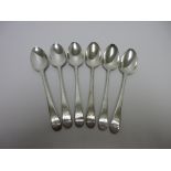 Six George III silver Dessert Spoons old english pattern engraved crests, London 1787, maker: Hester