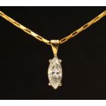 A Diamond single stone Pendant claw-set marquise-cut stone, 0.79cts, on fine 9ct gold chain,