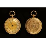 An 18ct gold cased open faced Pocket Watch, the dial and case with floral engraving and vacant