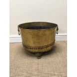 A 19th Century brass Coal Bucket with lion mask ring handles on three paw feet, with liner, 13in H,