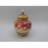 A Royal Worcester Pot Pourri Vase and Cover with inner lid, painted peaches, apples, grapes and