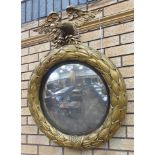 A Regency gilt Convex Mirror, the eagle surmount above a laurel wreath carved frame enclosing an