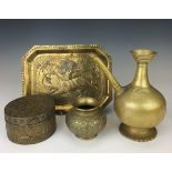 Four metal items, 19th/20th Century,Comprising, a tall brass spouted lota, a brass lota, a parcel