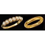 A Seed Pearl Ring, the front set seven half pearls, ring size M1/2, and a 22ct gold Wedding Band,
