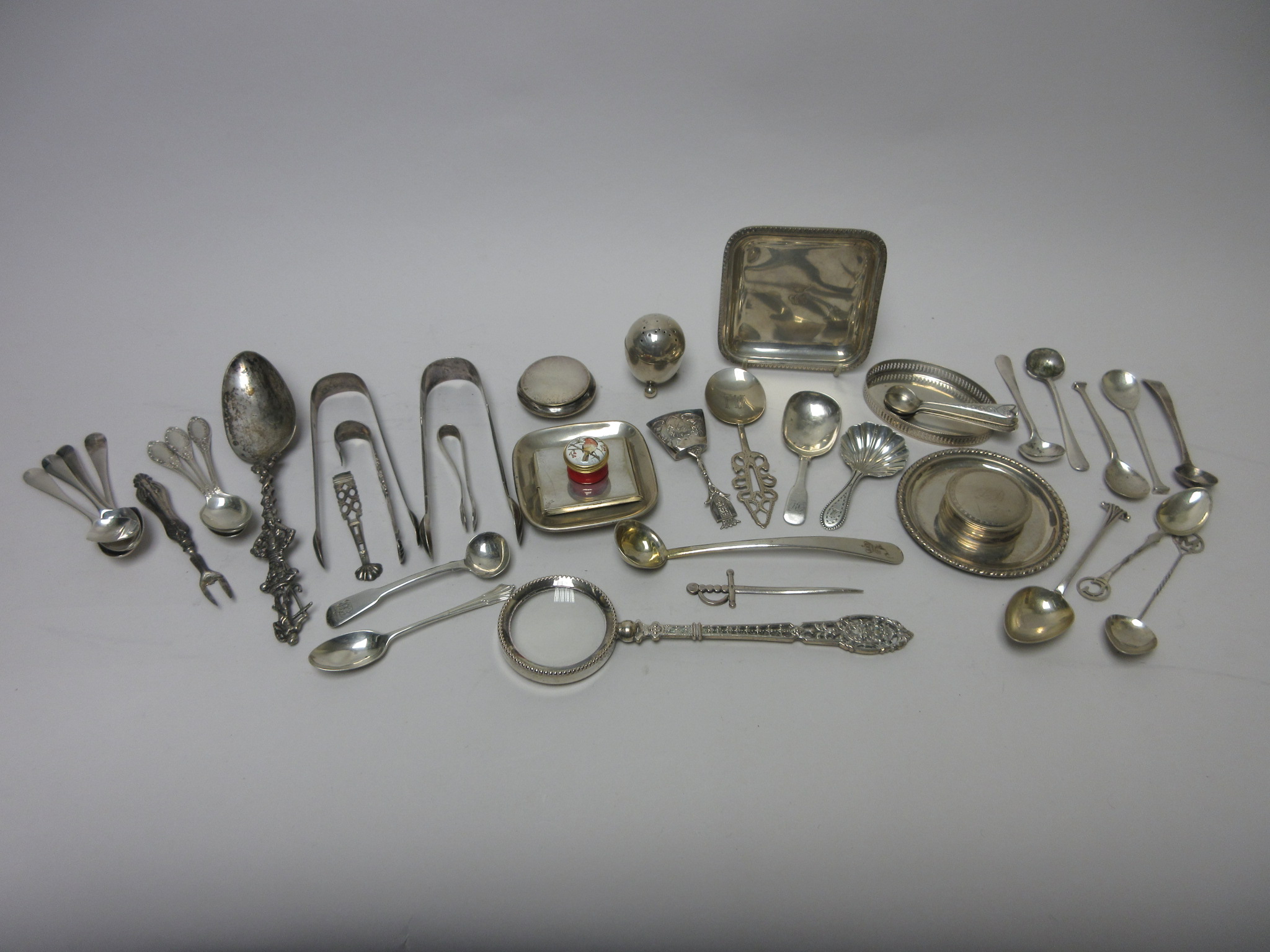 Four various silver Caddy Spoons, Sugar Tongs, Trinket Dishes, Condiment and Teaspoons, Magnifying