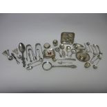 Four various silver Caddy Spoons, Sugar Tongs, Trinket Dishes, Condiment and Teaspoons, Magnifying