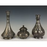 Three 19th Century Bidri items, Deccan,Comprising two bottle shaped Huqqa Bases and a circular Jar