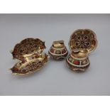 Three Royal Crown Derby Trinket Dishes, two oval and one shaped circular and two Cigarette