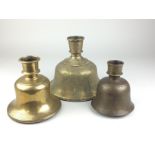 Three Indian brass bell shaped Huqqa Bases, 18th/19th Century, Engraved with stylised flowers,