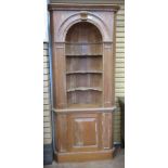 A 19th Century stripped pine Corner Cabinet with dentil frieze above domed barrel back with open