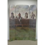 A three leaf Draught Screen painted with a National Hunt Racing Scene by Philip Sanders, signed