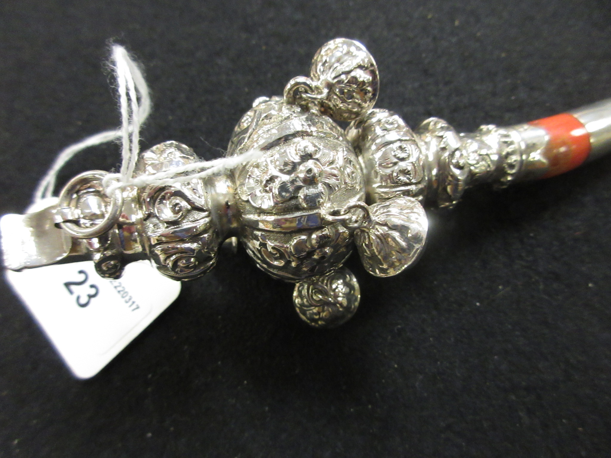 A Victorian silver Rattle with floral embossing and five applied bells, Birmingham circa 1890 - Image 3 of 5