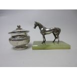 A Continental silver lidded Pot and Cover with liner, A/F and a white metal Horse, on onyx base
