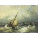 NICOLAAS RIEGEN (1827-1889)Fishing Vessels off a harbour wall in a storm, possibly at Texelsigned '