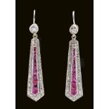 A pair of Art Deco style Ruby and Diamond Ear Pendants each millegrain-set a column of graduated