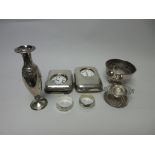 An Edward VII silver semi-fluted Sugar Bowl, Sheffield 1901, two silver cased Travelling Clocks A/F,