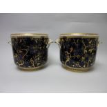 A pair of 19th Century Salopia Jardinieres with all over blue and gilt floral decoration, beaded rim