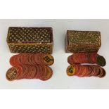 Two boxed sets of Indian Ganjifa Cards, c. 1900, Rajasthan, boxes 4 and 5 in long, cards 30mm. and