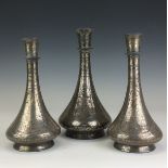 Three 19th Century Bidri silver inlaid bottle shaped Huqqa Bases, Deccan, Similarly decorated with