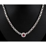 A Ruby and Diamond Necklace rub-over set round ruby within numerous pavé-set brilliant-cut