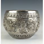 A Burmese silver Bowl, c. 1900Rangoon, Repousse decorated with scenes and Figures from the Ramayana,