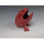 A rare Bermantoft faience Frog Figure in a pink glaze, seated with open mouth, impressed mark no.