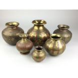 Six South Indian Gangajumna copper and brass Lotas, 18th/19th Century, Tanjore, Various decorations,