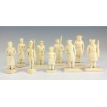 A group of 19th Century Indian ivory Figures,Bengal,Including soldiers and musicians, 2 ½ in high (