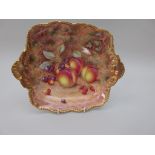 A Royal Worcester shaped square Dish, moulded edge and shell handles, painted plums, cherries and