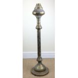 A Cairoware copper and silver inlaid brass oil Lampstand, 19th/20th Century, Syria, Pierced and