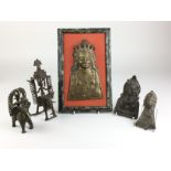 Five 19th Century Indian folk Bronzes/Brasses, Himachal Pradesh, comprising three Siva masks (