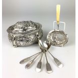 A group of silver Items, Comprising a Dutch silver rococo Strainer, a Dutch .800 standard silver