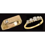 A Diamond five stone Ring claw-set graduated old-cut stones, ring size P 1/2 and a 9ct gold Ring set