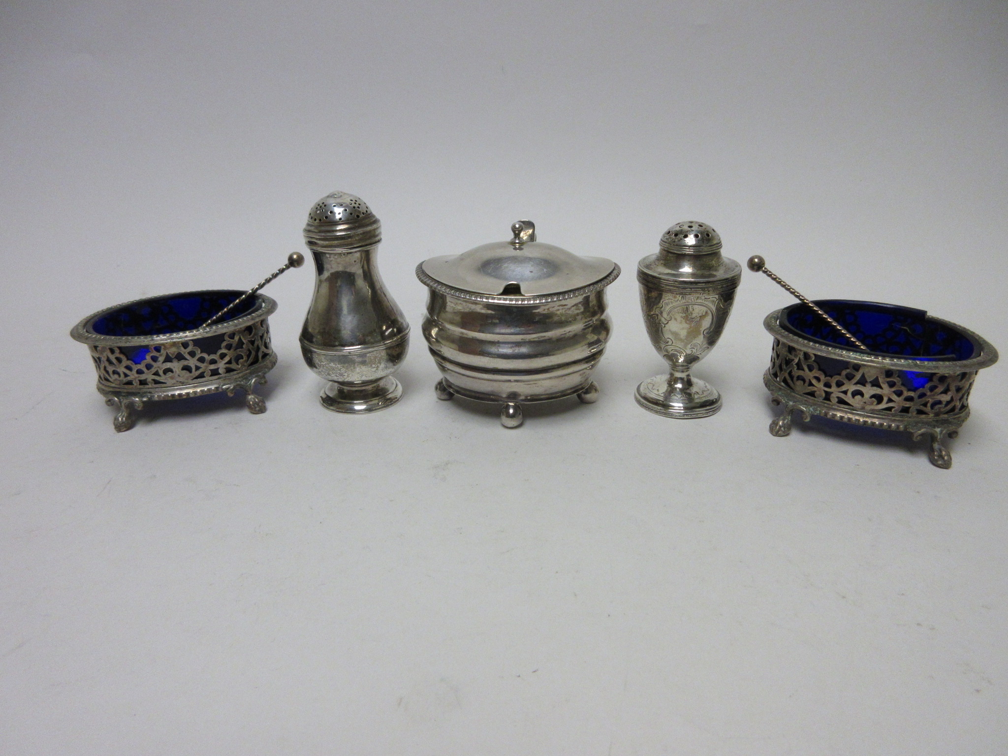 A George III silver Mustard Pot with hinged lid, beaded rim on ball feet, a George I Pepperette, - Image 2 of 2