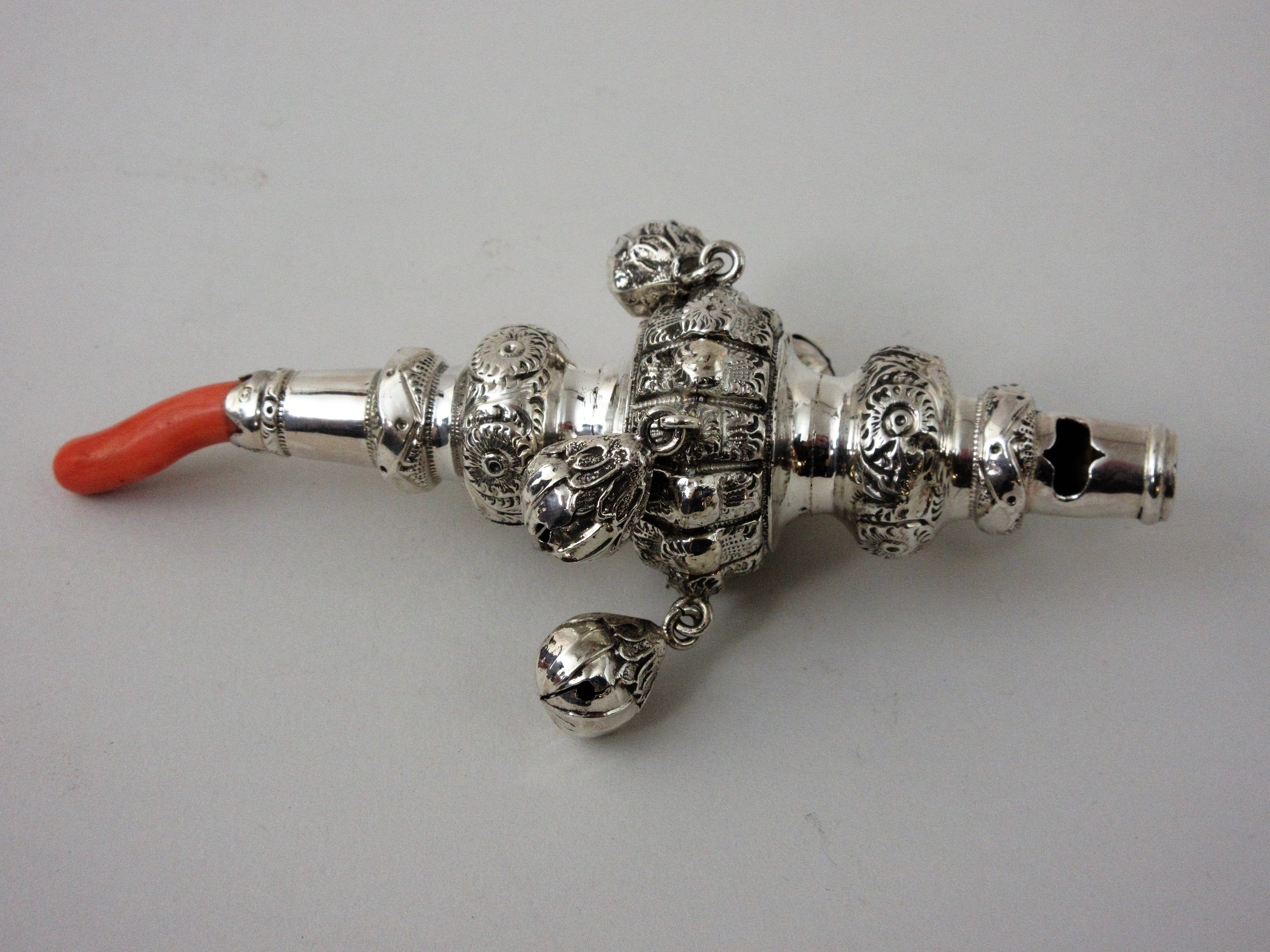 A Victorian silver Rattle with rosette embossing and four applied bells, Birmingham 1894 - Image 4 of 5