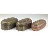 Three 18th Century Indian brass tobacco or pandan Boxes North India, of canted rectangular or oval