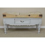 A Butchers Block on painted stand fitted drawer, shaped frieze on turned fluted legs, 5ft