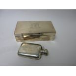 A George VI small silver Spirit Flask, London 1946 and a Cigarette Box engraved coat of arms,
