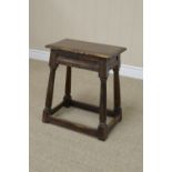 An antique oak Joint Stool with arcade carved frieze on turned and square legs, 16 x 9in