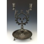 A 19th Century Bidri twin branch Candelabrum, Deccan, The stylised foliate scrolling branches united