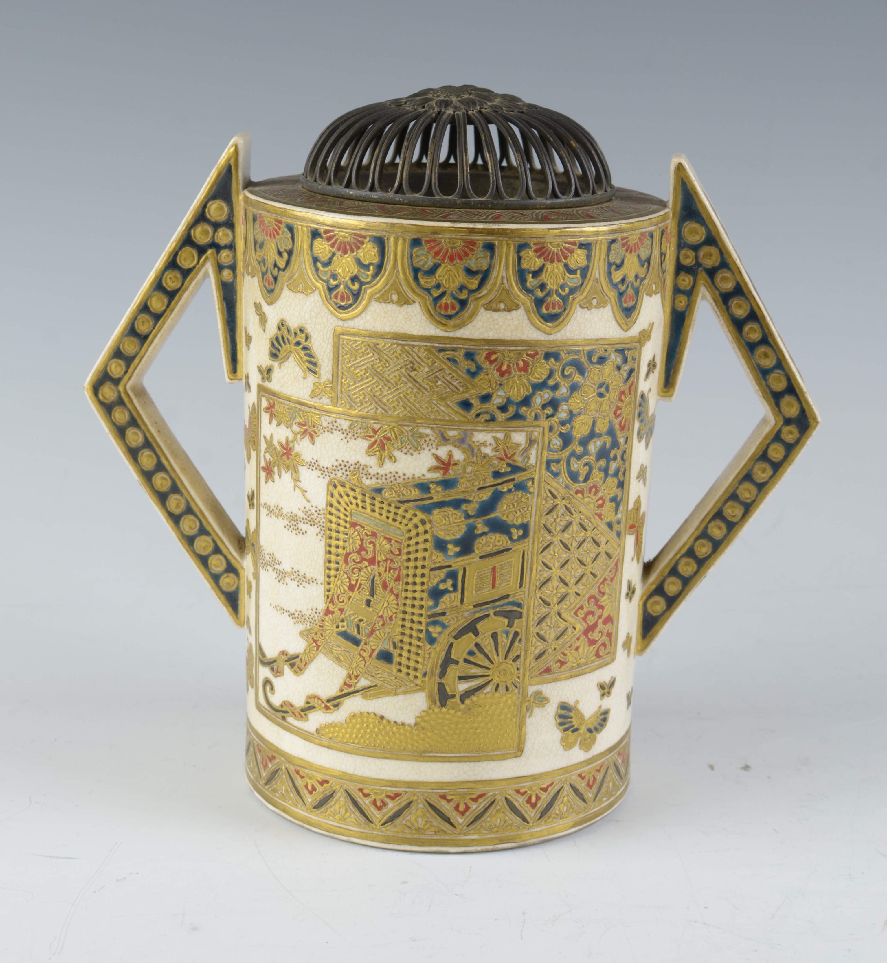 A Japanese satsuma pottery Koro,by Kozan, late Edo/early Meiji Periodof cylindrical form with angled