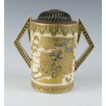 A Japanese satsuma pottery Koro,by Kozan, late Edo/early Meiji Periodof cylindrical form with angled