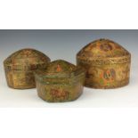 Three lacquered papier mâché Boxes, 19th/20th Century, Kashmir,One hexagonal and decorated with