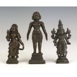 Three 19th Century Indian bronze Figures, Comprising Parvarti, a guardian and Vishnu with four arms,
