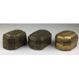Three 17th Century Indian brass or copper alloy pandan Boxes,North India,of canted rectangular form,