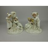 A pair of Royal Worcester Hadley Kate Greenaway Figures children playing beside urns on rocky bases,