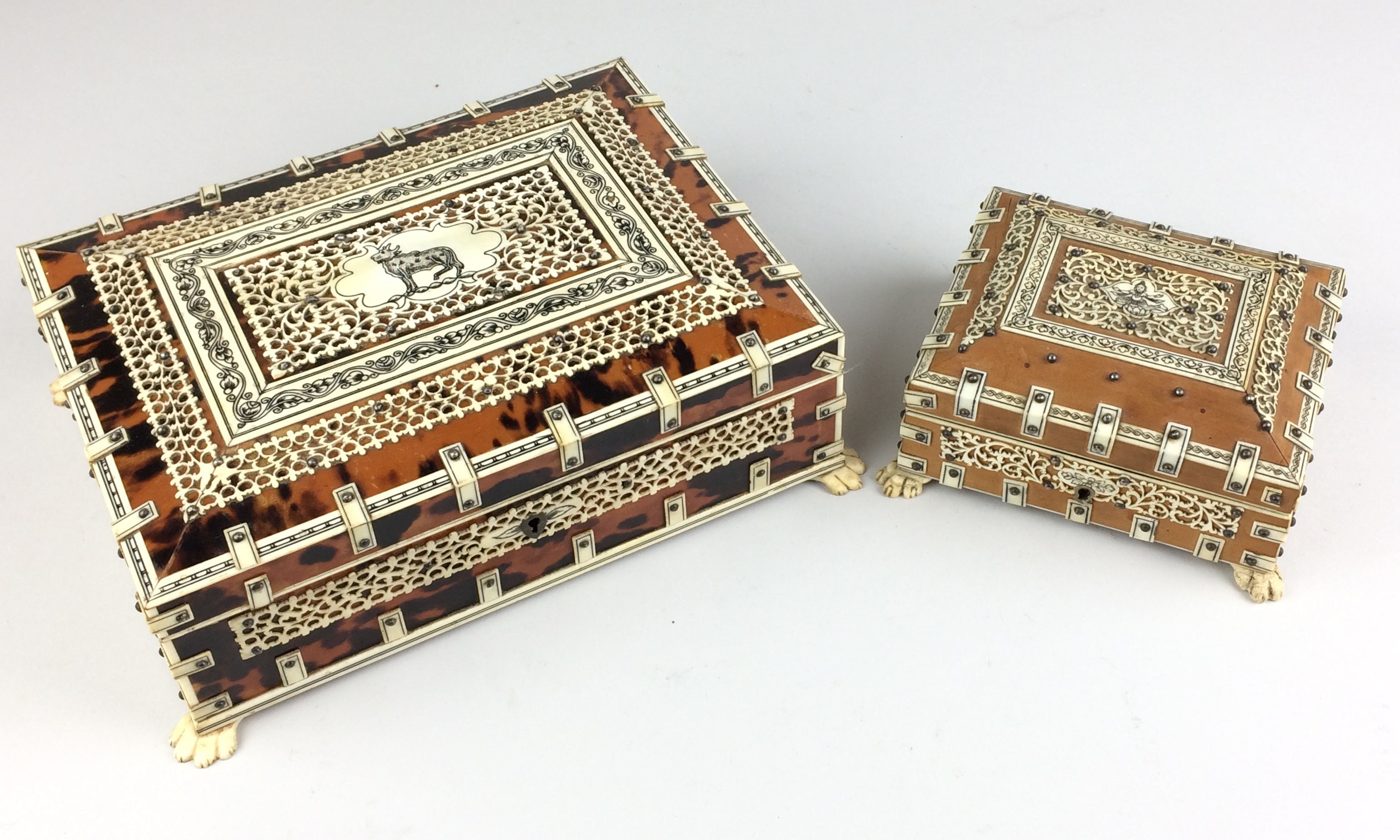 Two early 20th Century Anglo-Indian sandalwood and ivory overlaid Boxes, Vizagapatam, The larger