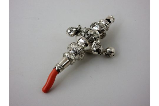 A Victorian silver Rattle with rosette embossing and four applied bells, Birmingham 1894 - Image 5 of 5